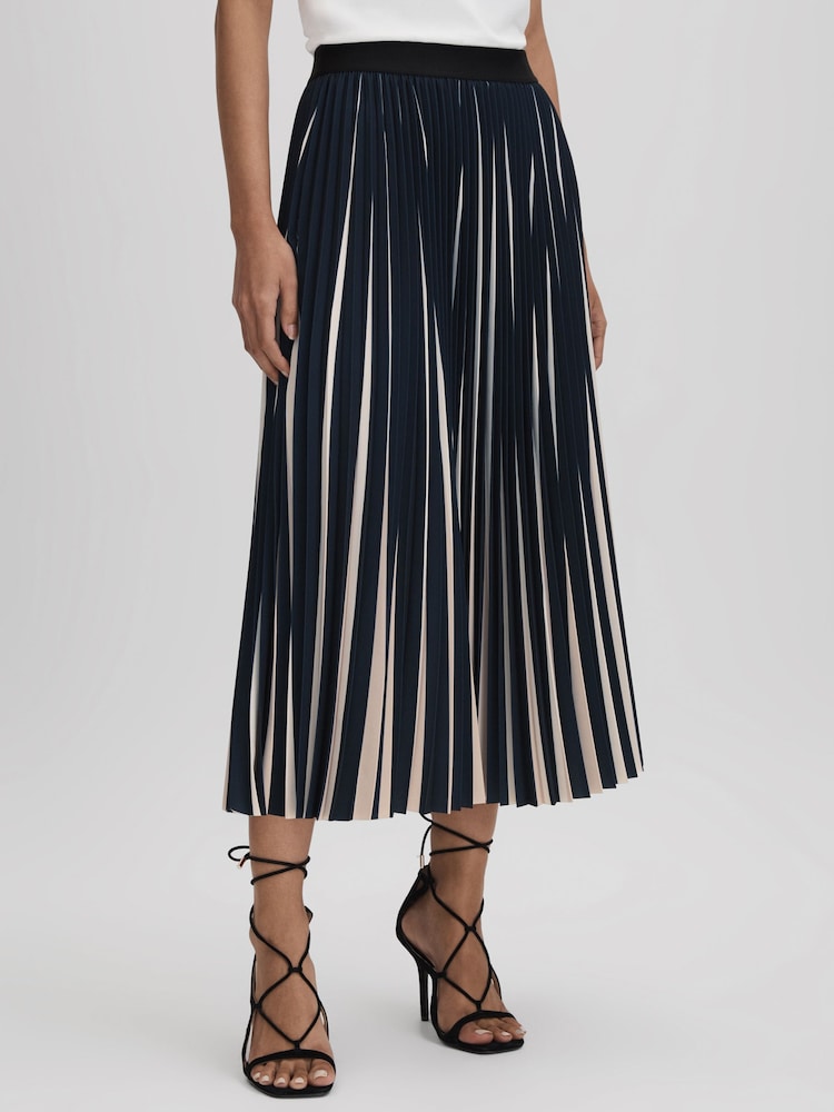 Reiss Navy/Cream Saige Pleated Striped Midi Skirt - Image 3 of 6