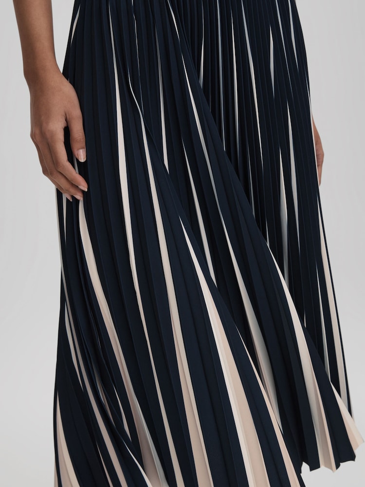 Reiss Navy/Cream Saige Pleated Striped Midi Skirt - Image 4 of 6