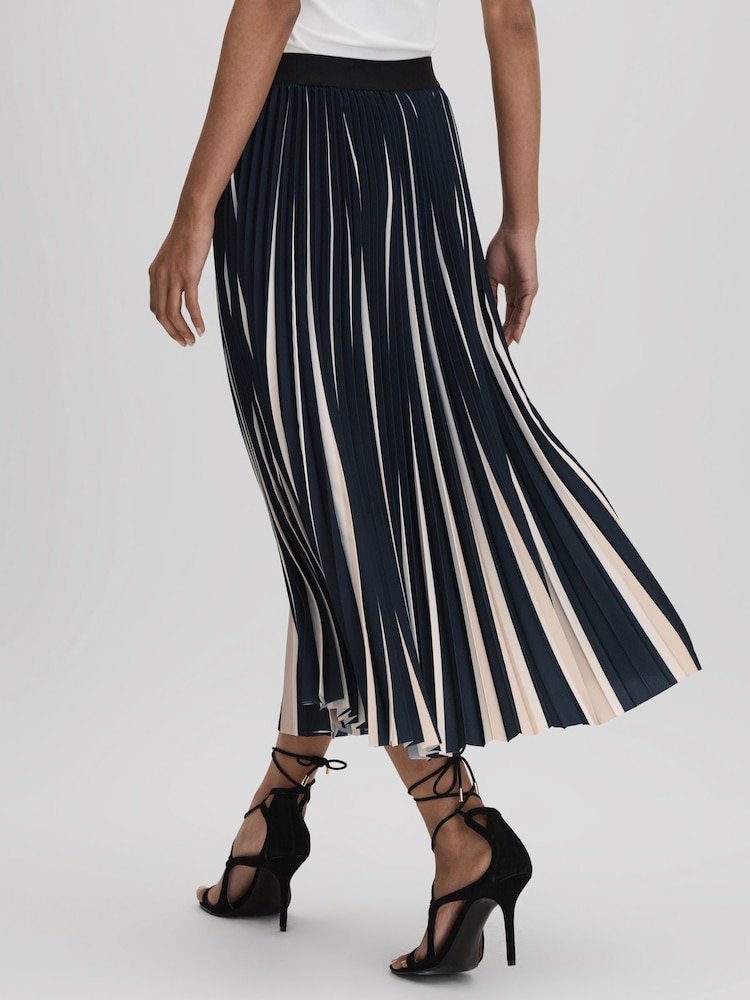 Reiss Navy/Cream Saige Pleated Striped Midi Skirt - Image 5 of 6