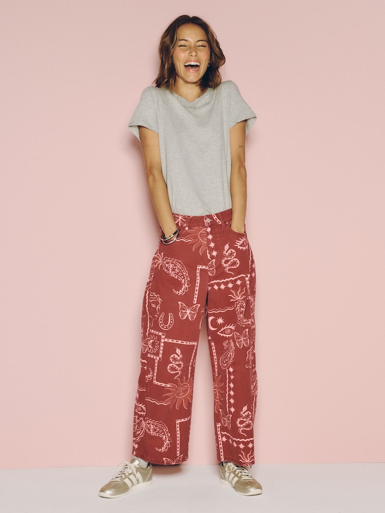 Eleanor Bowmer Berry Pink Patch Print Barrel Leg Jeans - Image 1 of 4