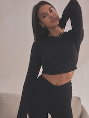 Self. Black Long Sleeve Waffle Top - Image 4 of 7
