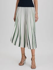 Reiss Green/Cream Saige Pleated Striped Midi Skirt - Image 1 of 7