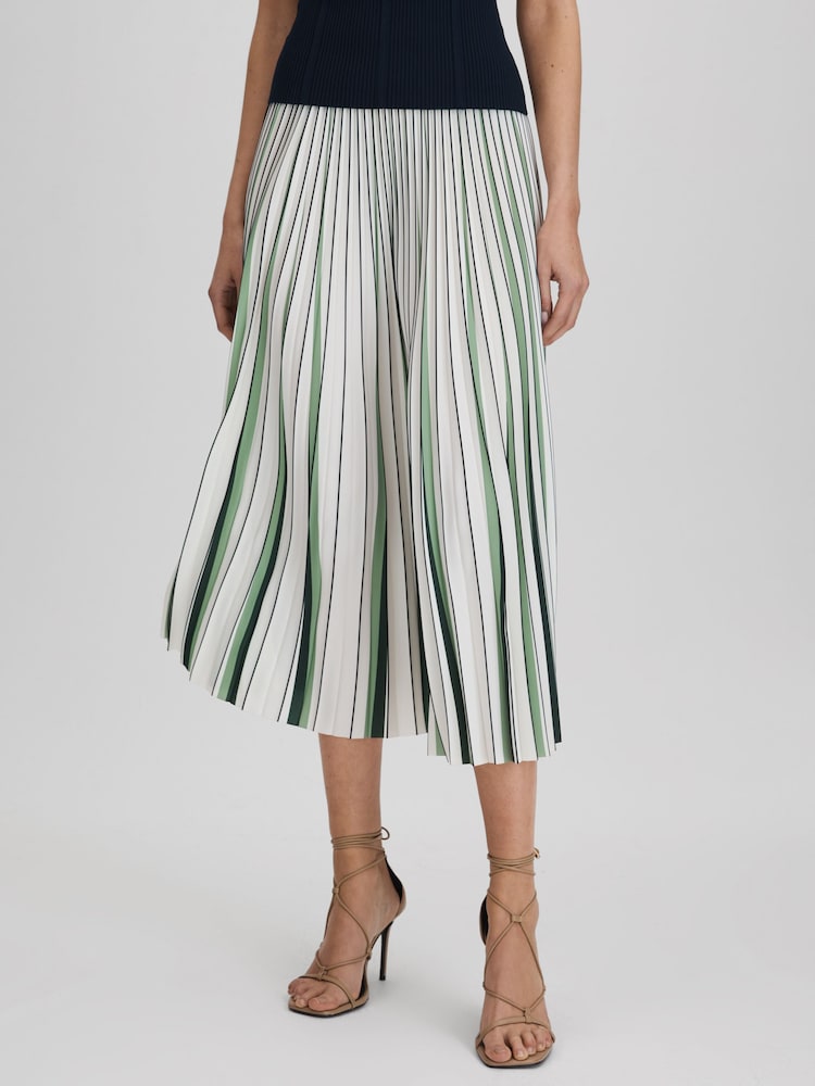 Reiss Green/Cream Saige Pleated Striped Midi Skirt - Image 1 of 7