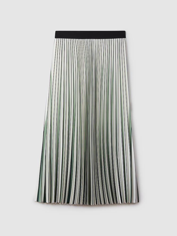 Reiss Green/Cream Saige Pleated Striped Midi Skirt - Image 2 of 7