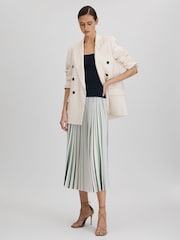 Reiss Green/Cream Saige Pleated Striped Midi Skirt - Image 3 of 7