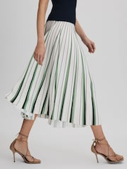 Reiss Green/Cream Saige Pleated Striped Midi Skirt - Image 6 of 7