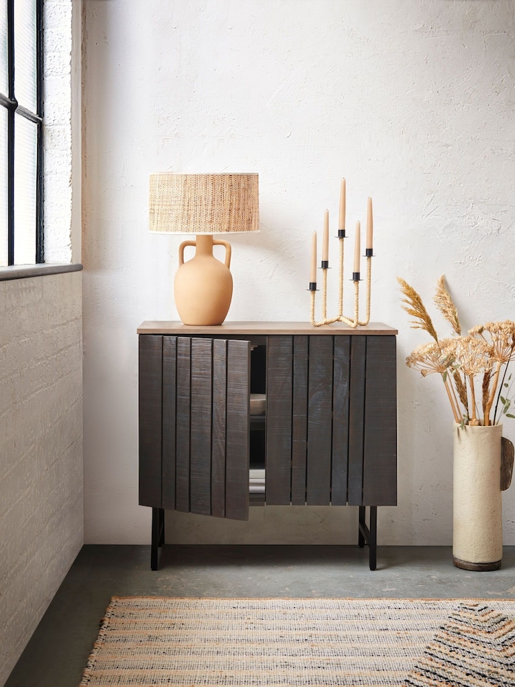 French Connection Brown Slatted Mango Wood And Concrete Effect Top Sedona Small Sideboard - Image 2 of 7