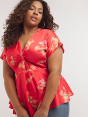 Simply Be Red Floral Twist Front Satin Blouse - Image 1 of 4