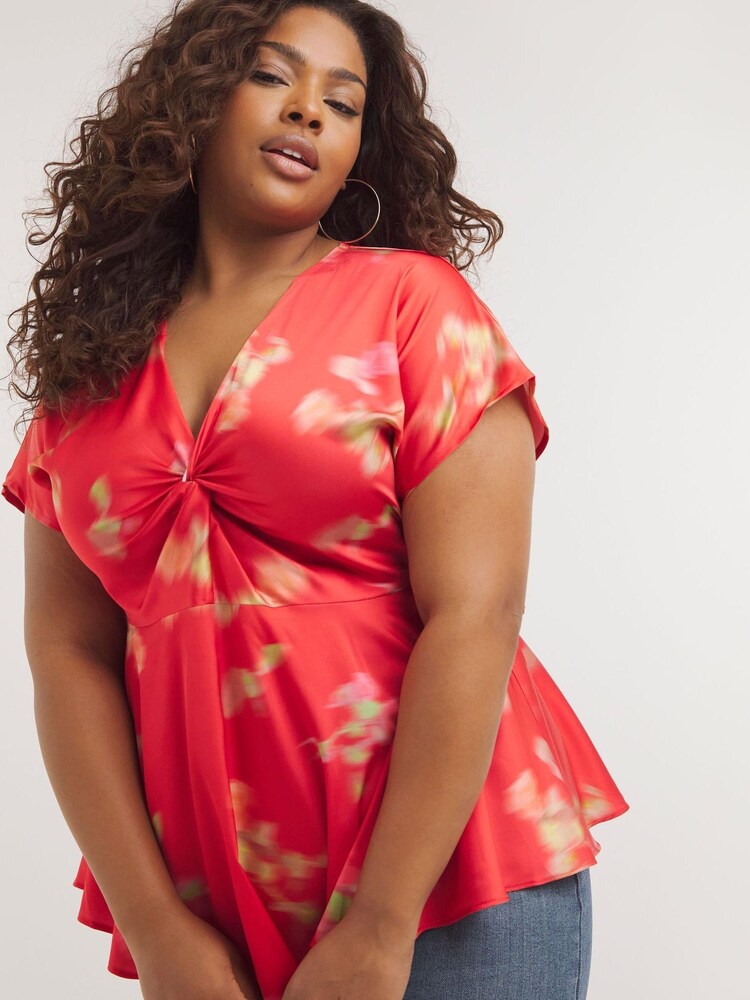 Simply Be Red Floral Twist Front Satin Blouse - Image 1 of 4 Simply Be Red Floral Twist Front Satin Blouse - Image 1 of 4