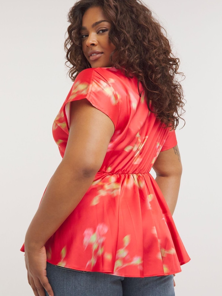 Simply Be Red Floral Twist Front Satin Blouse - Image 2 of 4