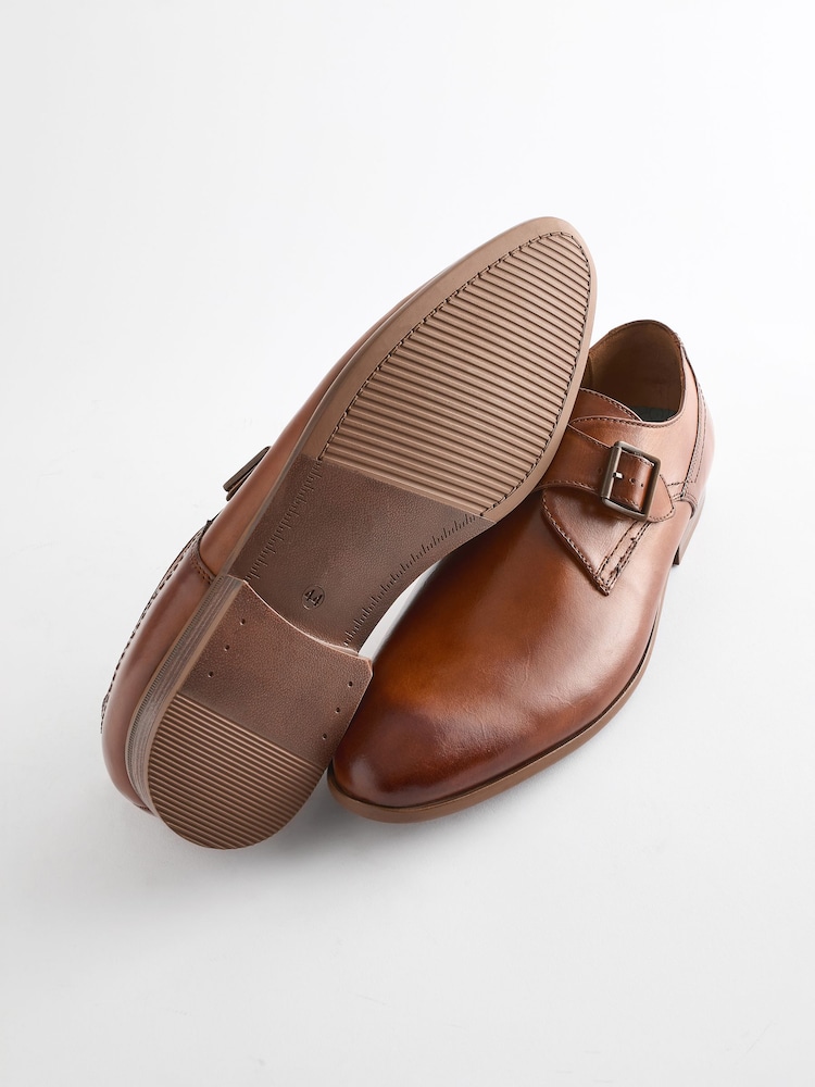 Tan Brown Leather Single Monk Shoes - Image 3 of 8