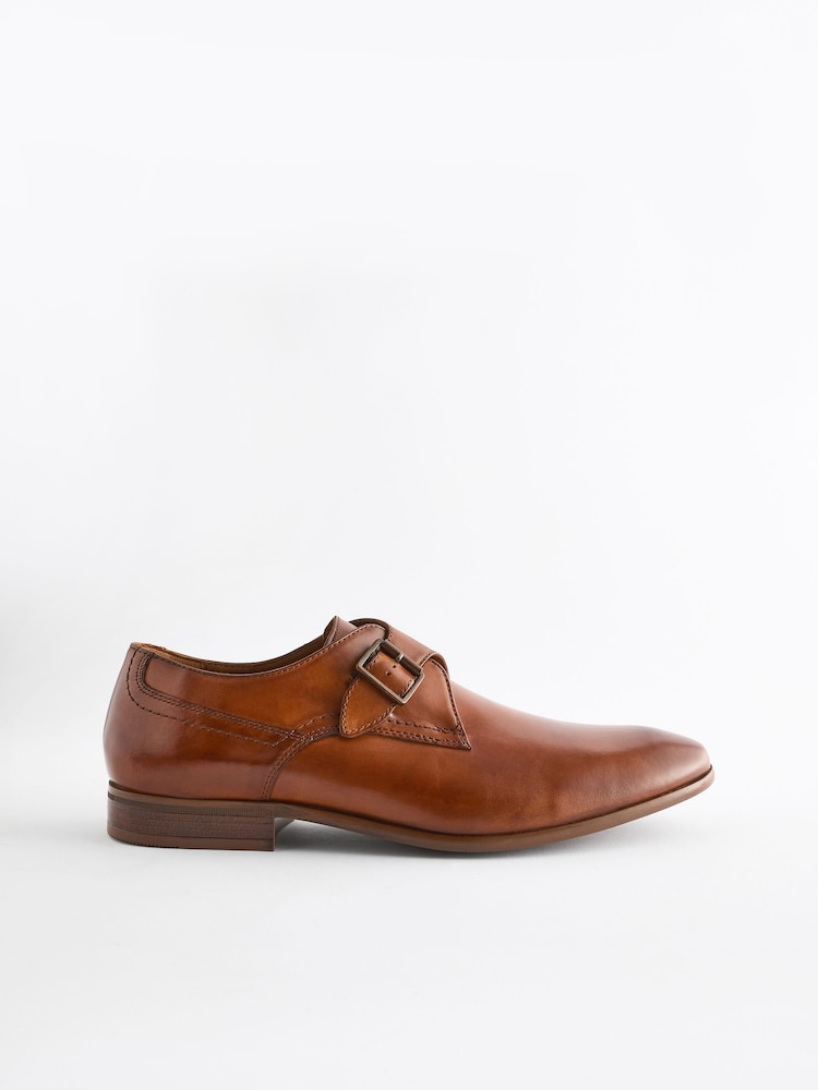 Tan Brown Leather Single Monk Shoes - Image 4 of 8