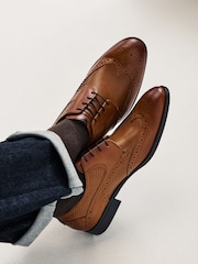 Tan Brown Leather Embossed Wing Cap Brogues Shoes - Image 1 of 4