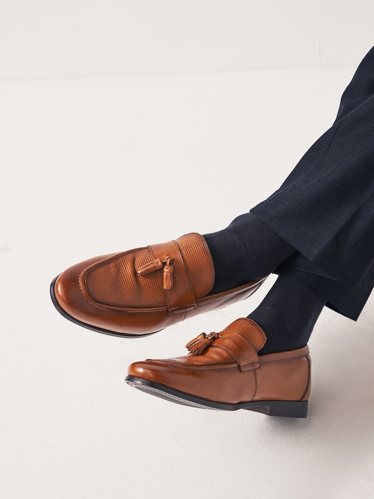 Tan Brown Leather Embossed Tassel Loafers - Image 1 of 7