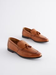 Tan Brown Leather Embossed Tassel Loafers - Image 2 of 7