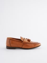 Tan Brown Leather Embossed Tassel Loafers - Image 3 of 7