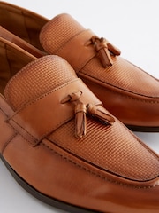 Tan Brown Leather Embossed Tassel Loafers - Image 6 of 7