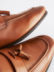 Tan Brown Leather Embossed Tassel Loafers - Image 7 of 7