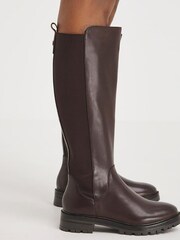 JD Williams Brown Wide Leather High Leg Boots With Back Elastic Detail - Image 1 of 4