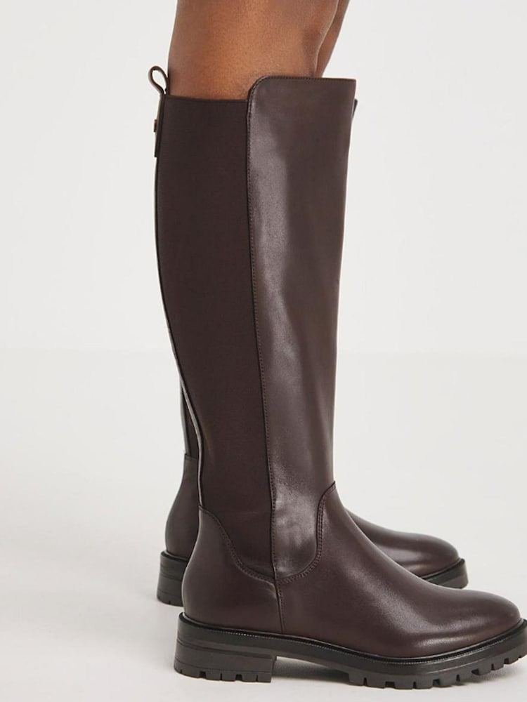 JD Williams Brown Wide Leather High Leg Boots With Back Elastic Detail - Image 1 of 4