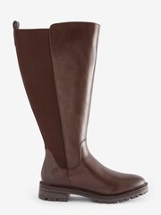 JD Williams Brown Wide Leather High Leg Boots With Back Elastic Detail - Image 2 of 4