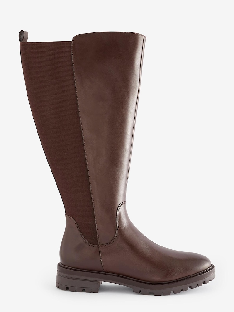 JD Williams Brown Wide Leather High Leg Boots With Back Elastic Detail - Image 2 of 4