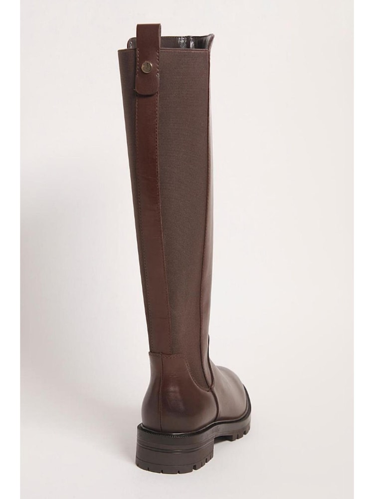 JD Williams Brown Wide Leather High Leg Boots With Back Elastic Detail - Image 4 of 4