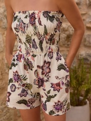 White Floral Bandeau Shirred 100% Cotton Playsuit - Image 5 of 7