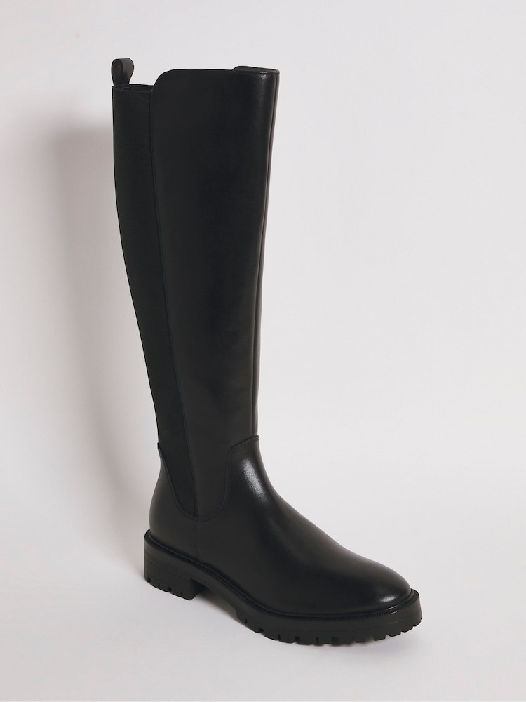 JD Williams Black Wide Leather High Leg Back Boots With Elastic Detail - Image 1 of 3