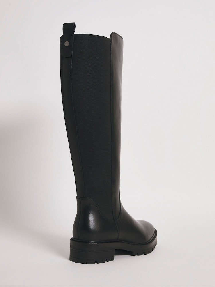 JD Williams Black Wide Leather High Leg Back Boots With Elastic Detail - Image 2 of 3