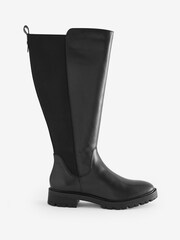 JD Williams Black Wide Leather High Leg Back Boots With Elastic Detail - Image 3 of 3