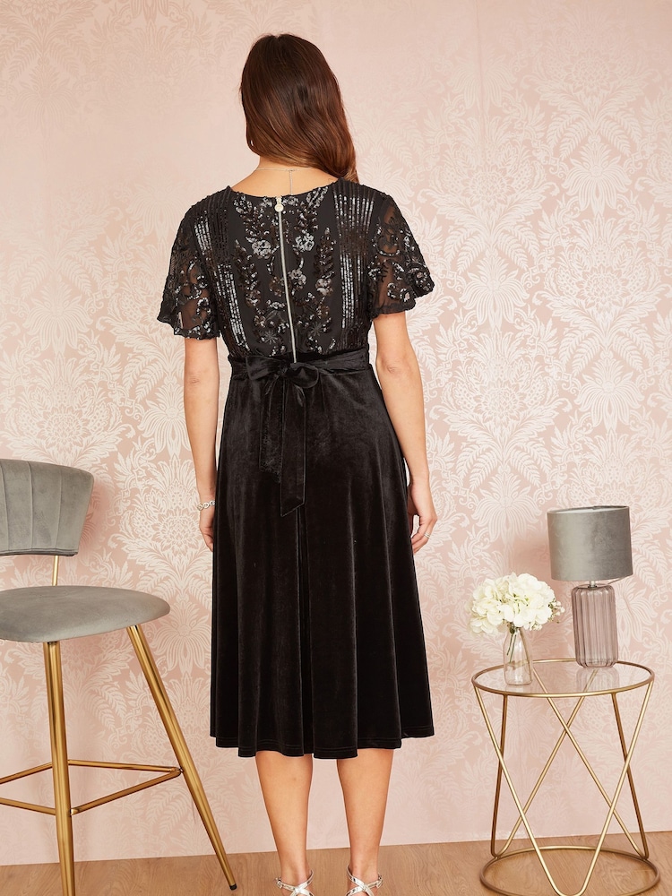 Yumi Black Embellished Velvet Wrap Skater Midi Dress - Image 2 of 5