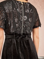 Yumi Black Embellished Velvet Wrap Skater Midi Dress - Image 4 of 5