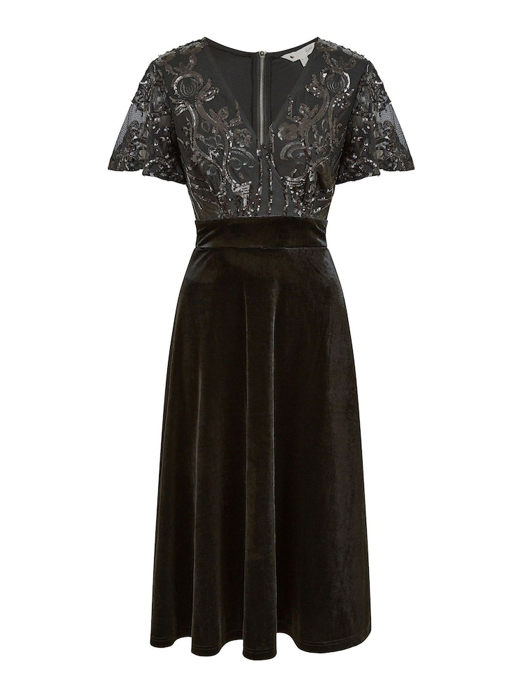 Yumi Black Embellished Velvet Wrap Skater Midi Dress - Image 5 of 5