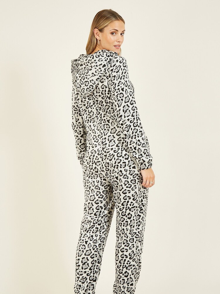 Yumi Grey Snow Leopard Print Fleece All-In-One With Pockets - Image 2 of 5