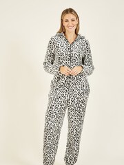 Yumi Grey Snow Leopard Print Fleece All-In-One With Pockets - Image 3 of 5