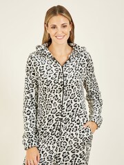 Yumi Grey Snow Leopard Print Fleece All-In-One With Pockets - Image 4 of 5
