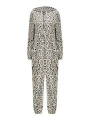 Yumi Grey Snow Leopard Print Fleece All-In-One With Pockets - Image 5 of 5