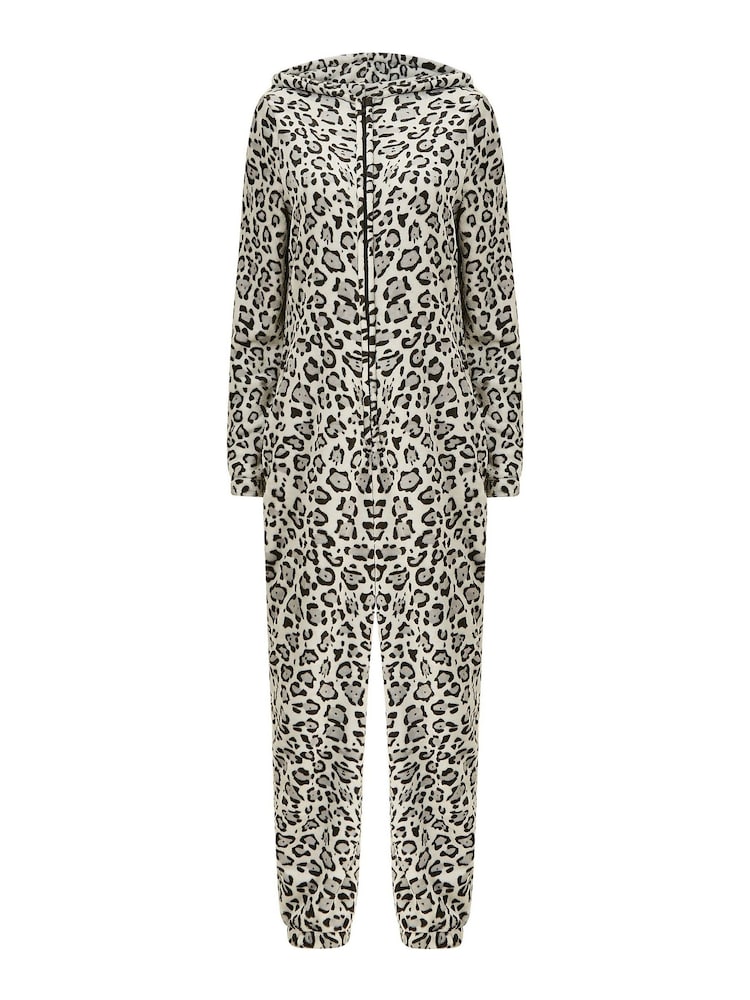 Yumi Grey Snow Leopard Print Fleece All-In-One With Pockets - Image 5 of 5