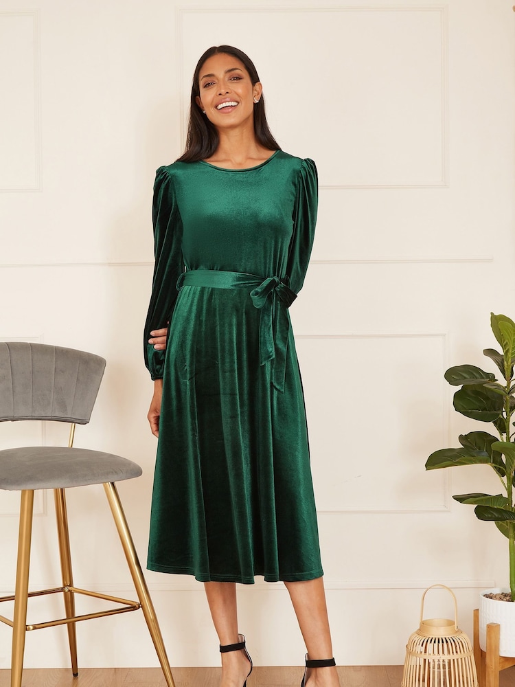 Yumi Green Velvet Long Sleeve Midi Skater Dress - Image 1 of 4