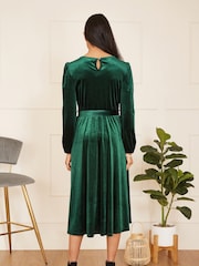 Yumi Green Velvet Long Sleeve Midi Skater Dress - Image 2 of 4