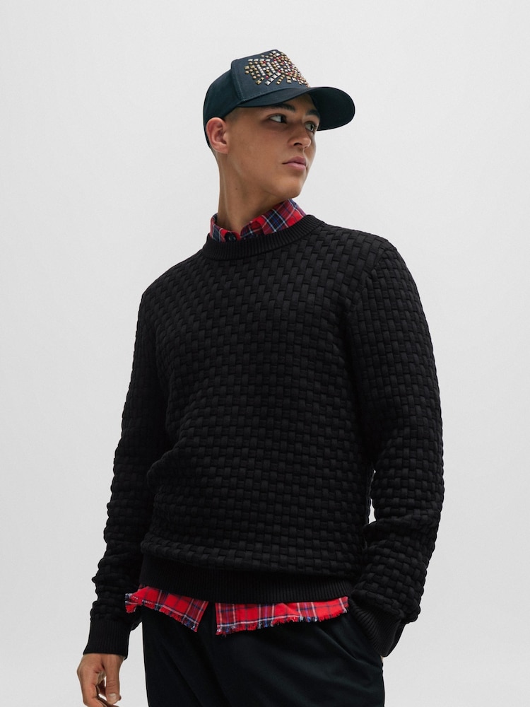 HUGO Black Relaxed Fit Textured 3D Knitted 100% Cotton Jumper - Image 1 of 5