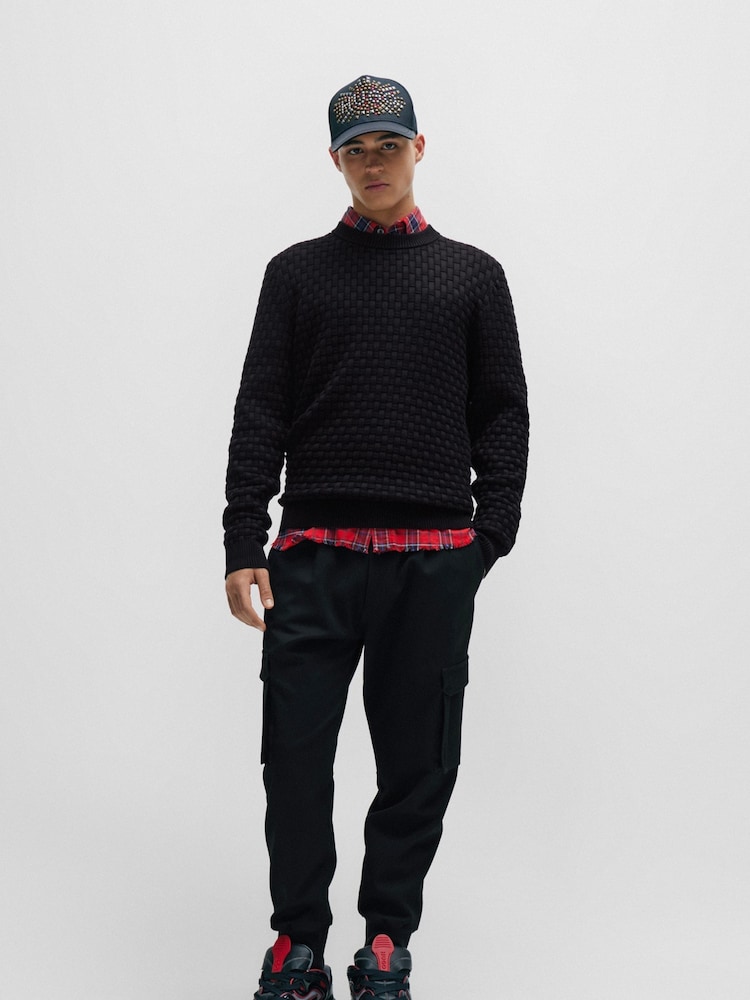 HUGO Black Relaxed Fit Textured 3D Knitted 100% Cotton Jumper - Image 2 of 5 HUGO Black Relaxed Fit Textured 3D Knitted 100% Cotton Jumper - Image 2 of 5