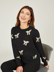 Yumi Black Sequin All Over Applique Bow Knitted Jumper - Image 1 of 5