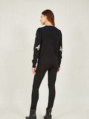 Yumi Black Sequin All Over Applique Bow Knitted Jumper - Image 2 of 5