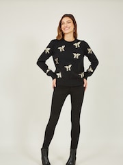 Yumi Black Sequin All Over Applique Bow Knitted Jumper - Image 3 of 5