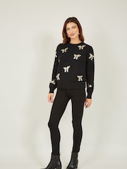Yumi Black Sequin All Over Applique Bow Knitted Jumper - Image 4 of 5