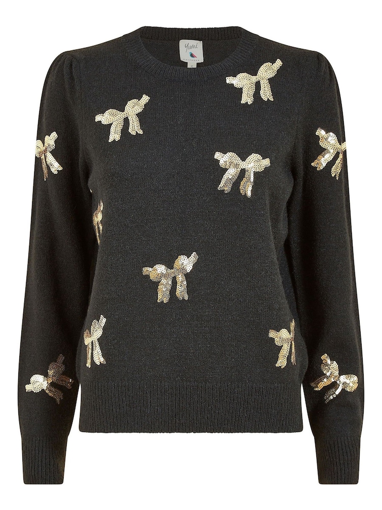 Yumi Black Sequin All Over Applique Bow Knitted Jumper - Image 5 of 5