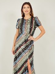 Yumi Natural Rainbow Stripe Sequin Midi Dress - Image 1 of 5