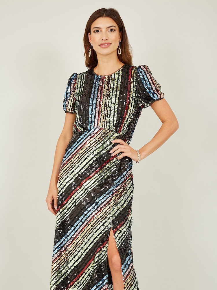 Yumi Natural Rainbow Stripe Sequin Midi Dress - Image 1 of 5